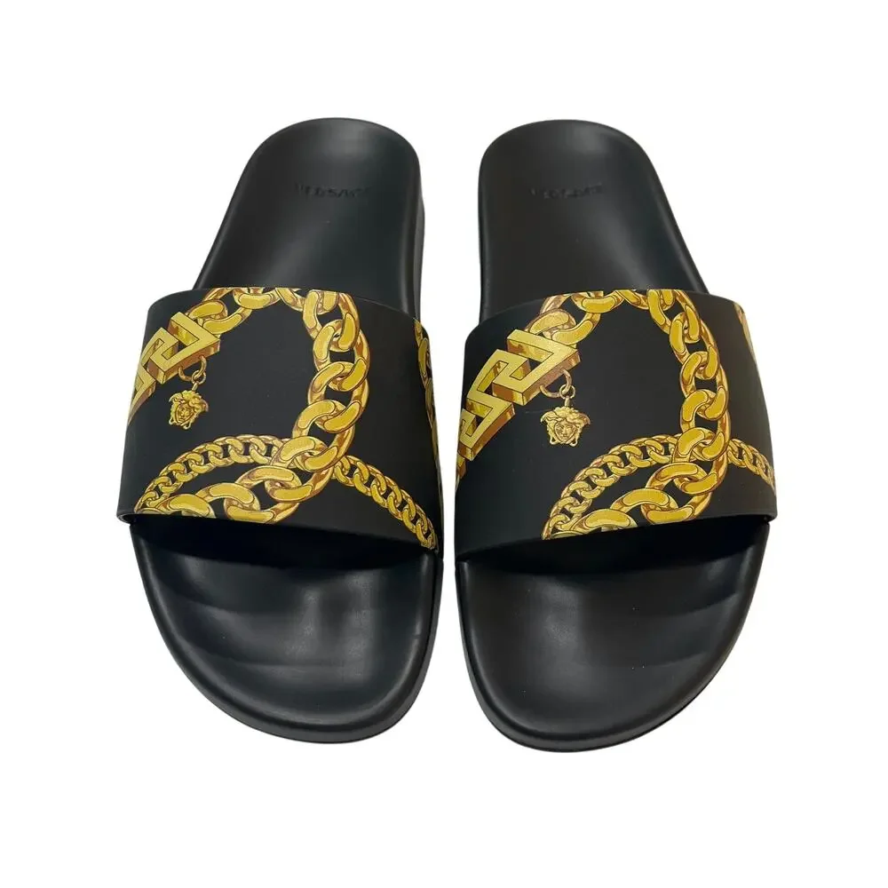6-99 VERSACE Men's Baroque Sandals Leather Black Gold Size IT42/US8.5-9